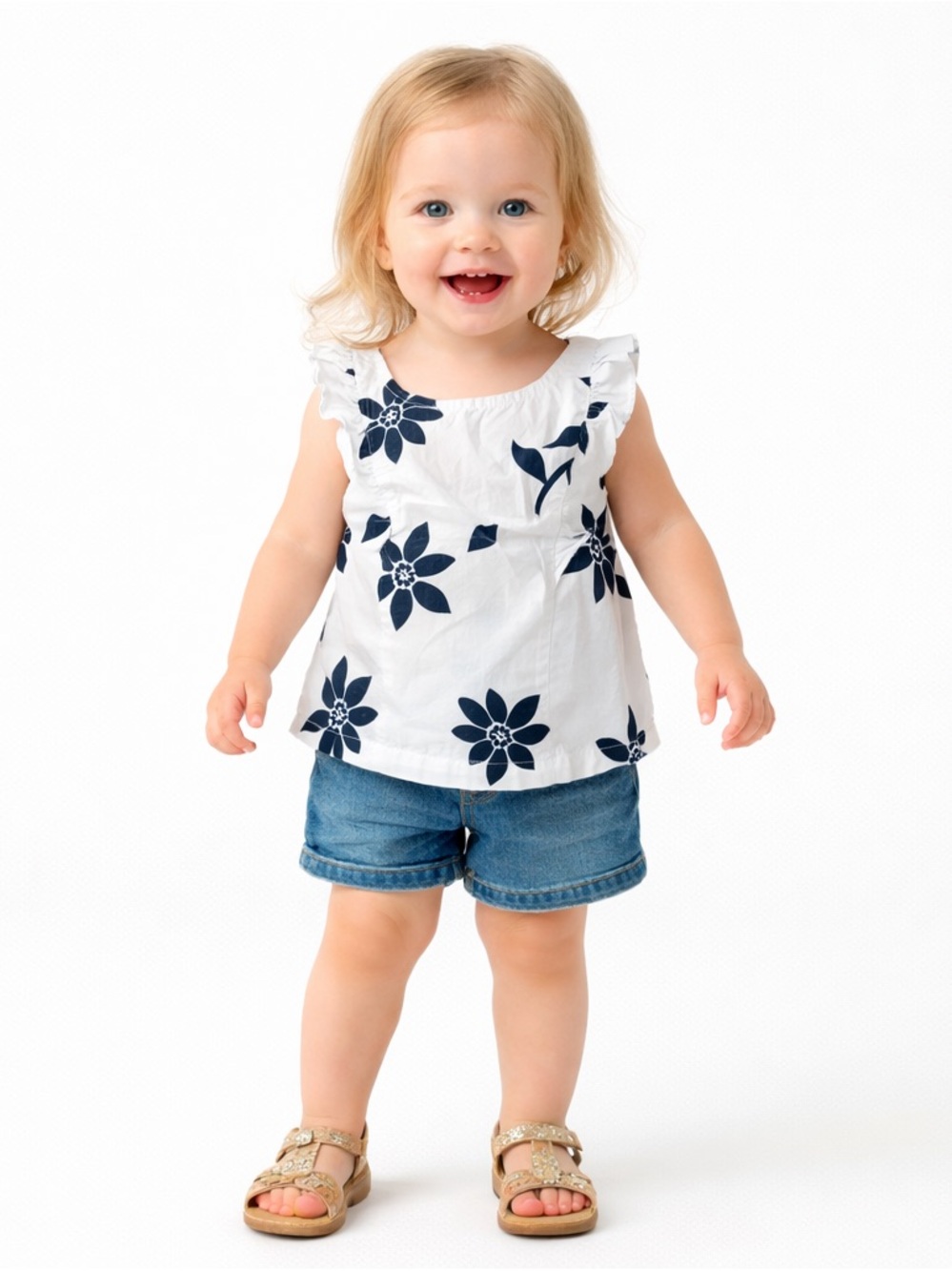 Carter’s Baby Girl Floral Ruffle Top 12M White Blue‎ Sleeveless Blouse